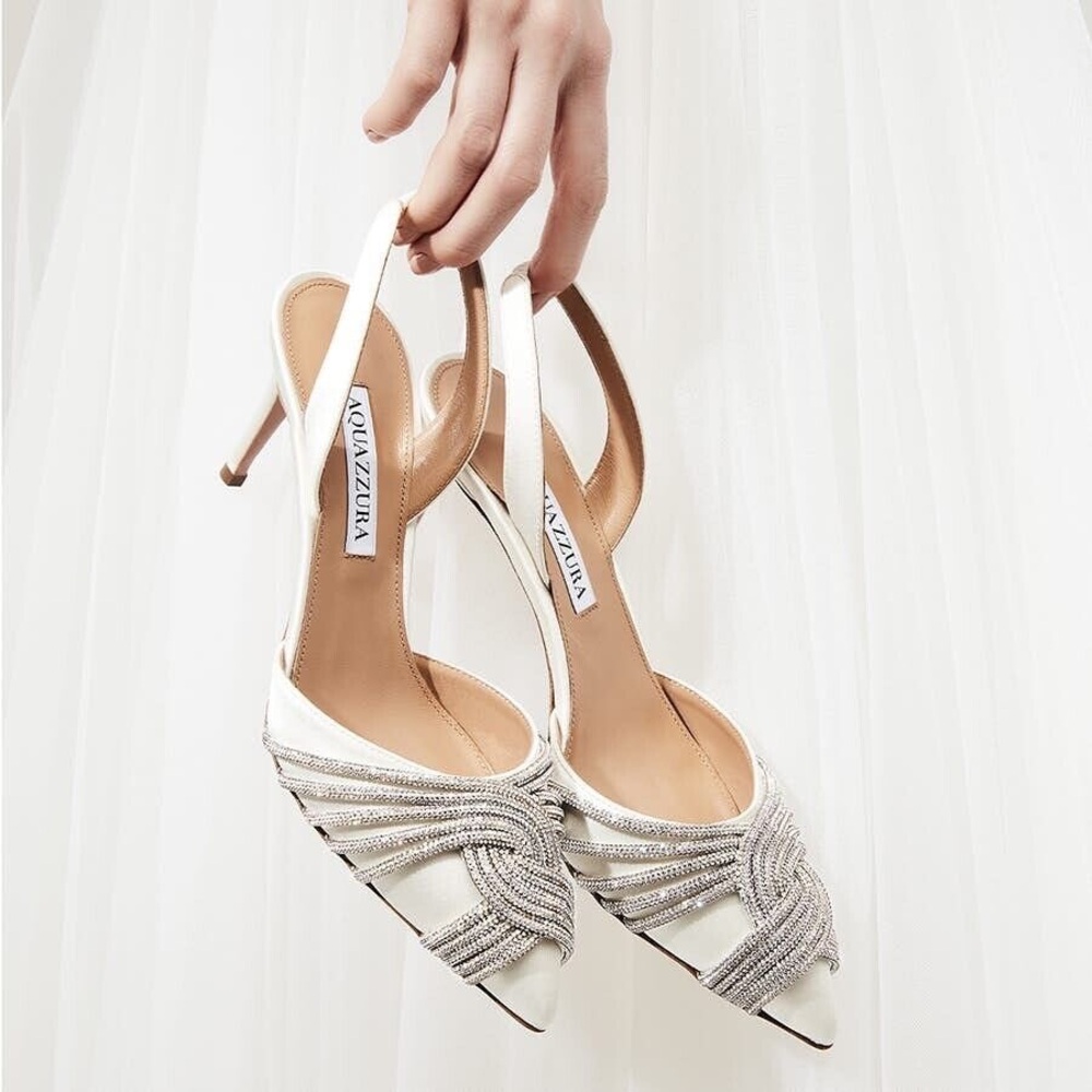 Worn once AQUAZZURA Gatsby 75 crystal-embellished satin slingback pumps - Picture 6 of 16